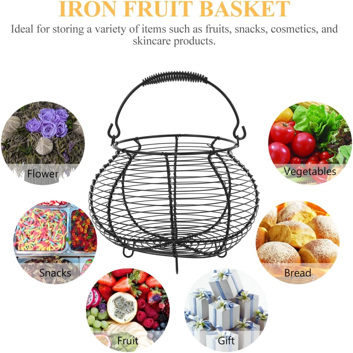 Metal Wire Egg Basket Easter Farmhouse Round Iron Fruit Basket with Handle Egg Food Collecting Holder Countertop Kitchen Storage Rustic Table Spring Festival Party Centerpiece Decor, Black