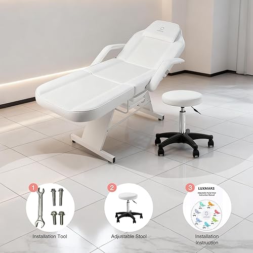 Miniatura 9 de Silla Facial, Silla de Tatuajes, Cama de Masaje con Taburete Hidráulico para Masaje Profesional Facial, Pestañas, Belleza, Spa, Color Blanco
