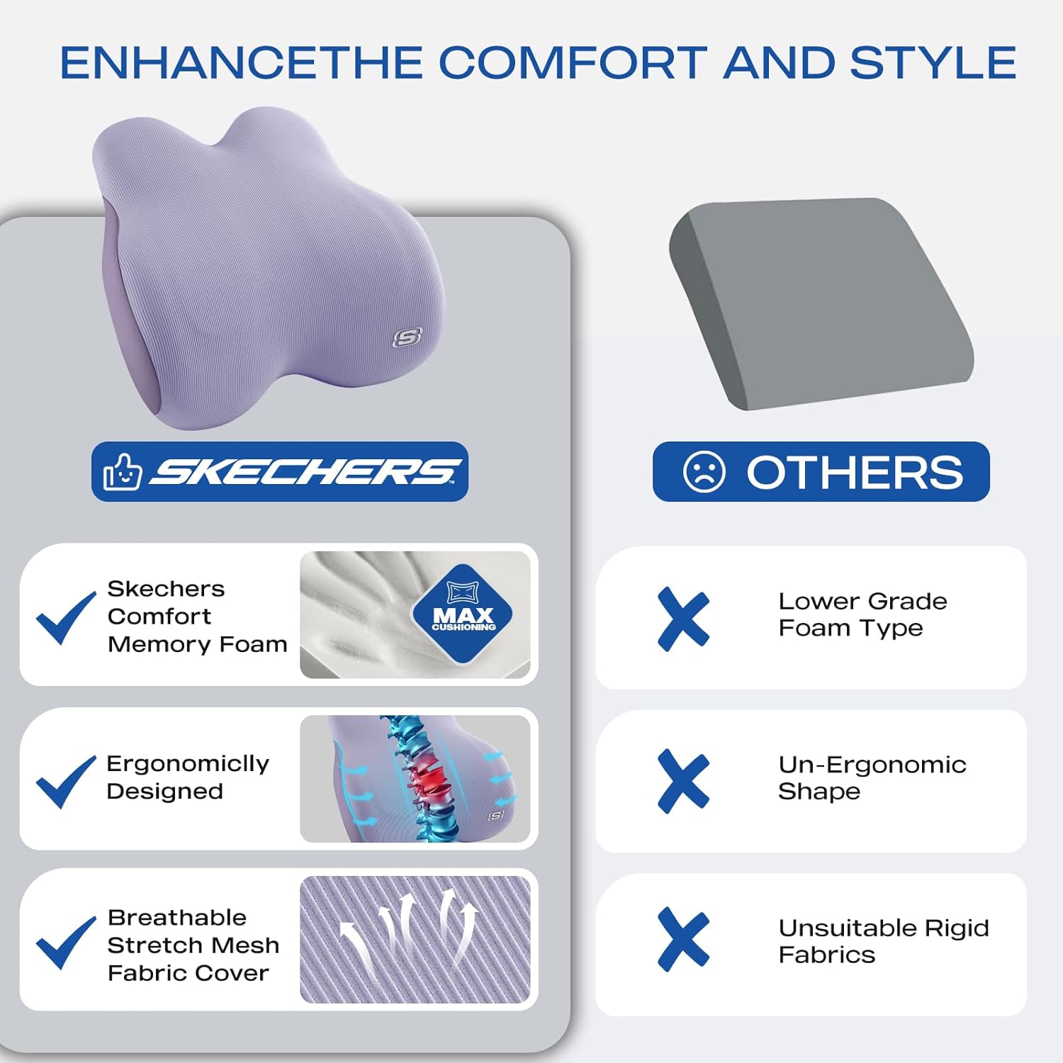 Skechers Women’s Lumbar Pillow,Memory Foam Lumbar Support Pillow for Office,Chair Lower Back Pain Relief Lumbar Pillow,Ergonomic Design Back Support Pillow for Office Chair,Car,Home,Travel,Purple