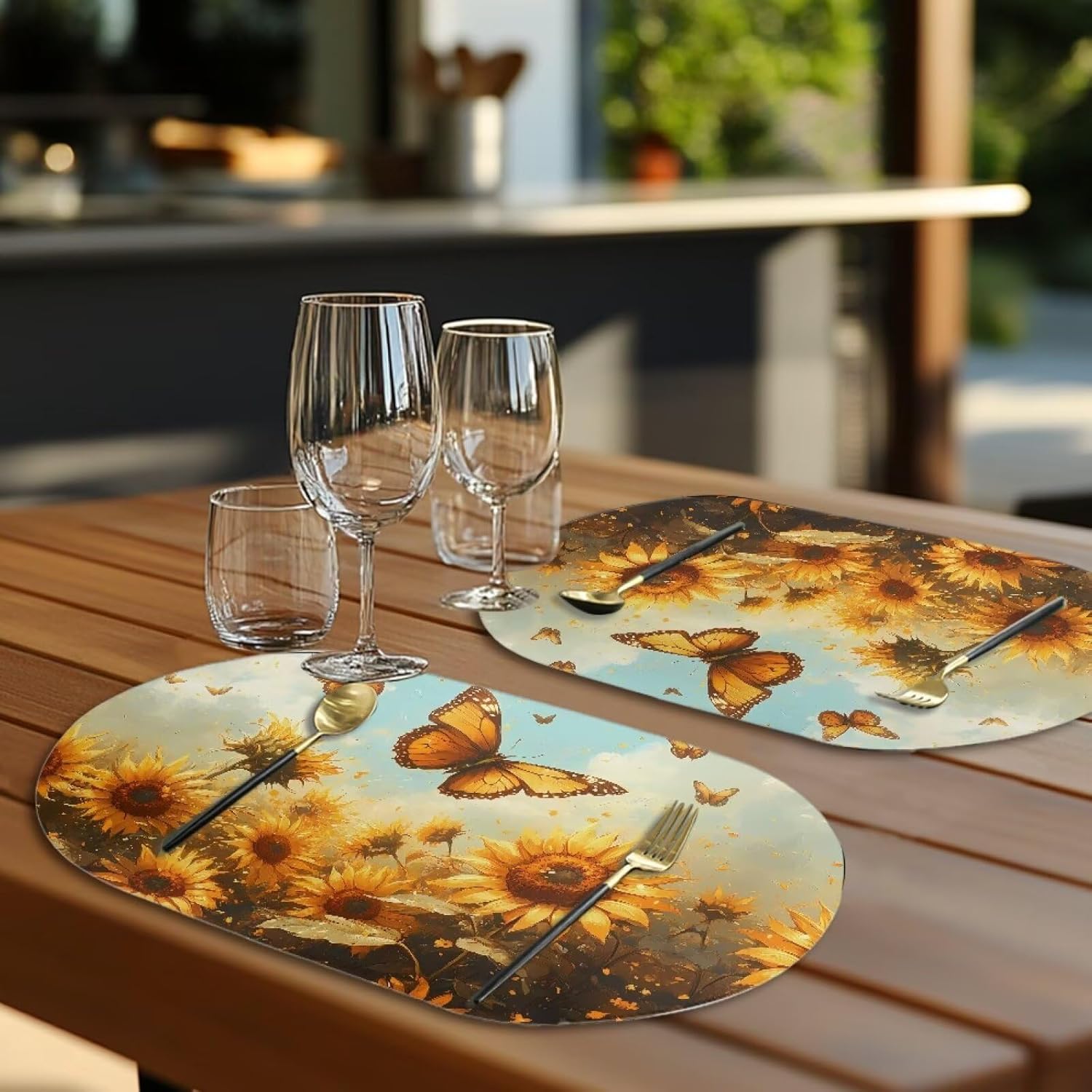 Leather Placemats Set of 6, Scratch Proof Thick Dining Table Place Mats Kitchen Heat Insulation Place Mats,Sunflower Butterfly