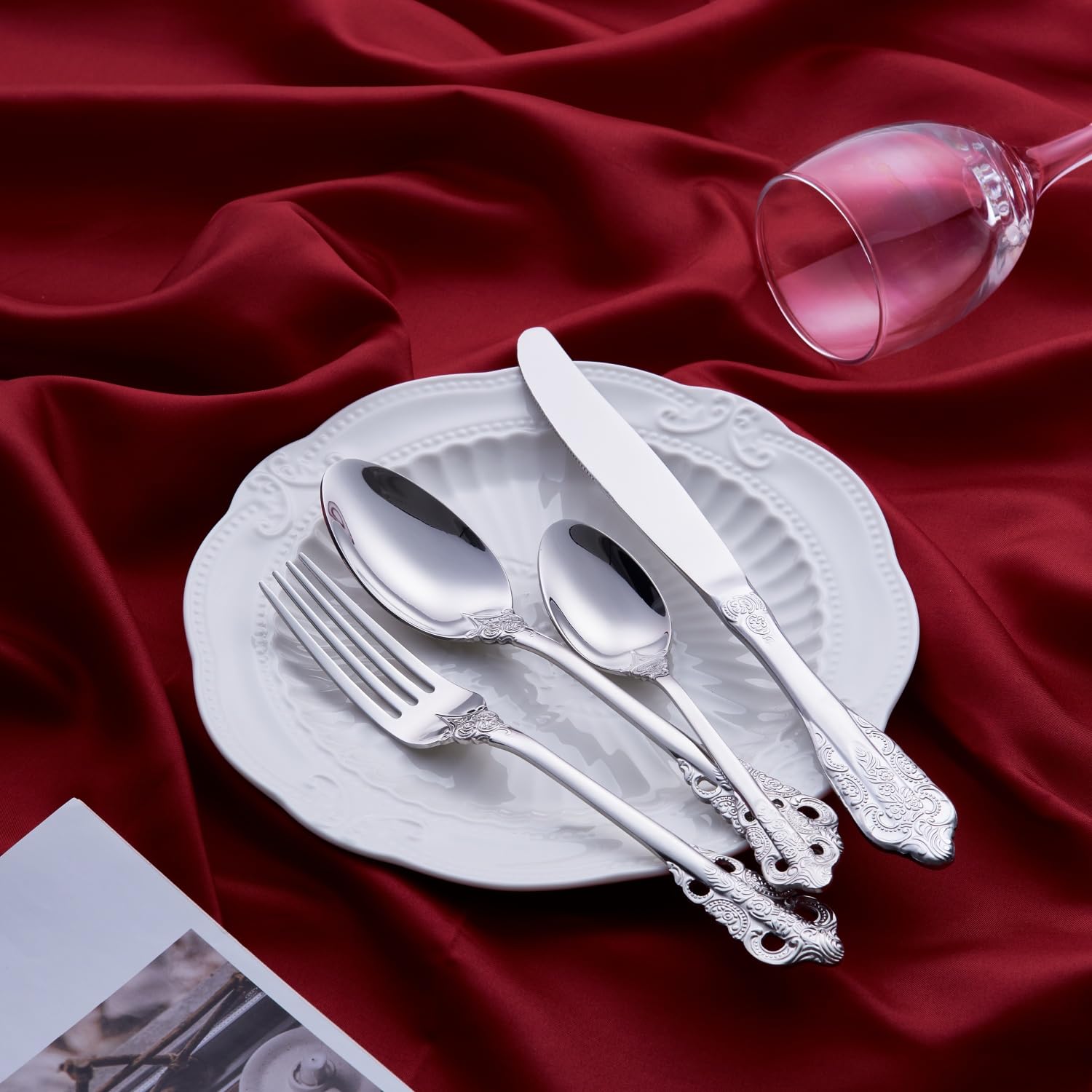 Juego de cubiertos martillados de 24 piezas, acero inoxidable, cuchillo, tenedor, cuchara, juego de cubiertos para 6 personas, modernos cubiertos de plata para casa/restaurante/fiesta