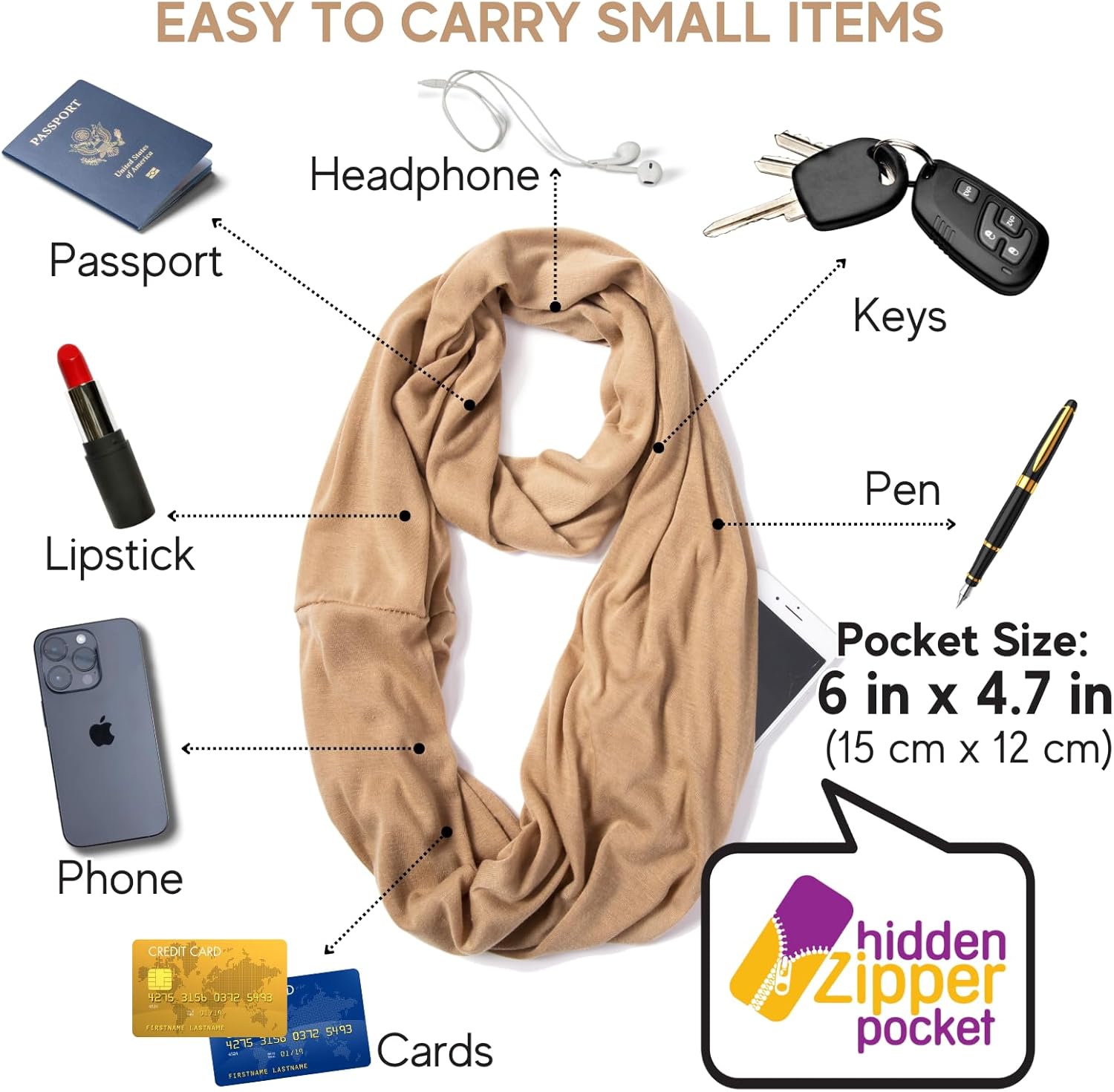 elzama Infinity Loop Solid Color Scarf With Hidden Zipper Pocket For Women - Lightweight Travel Neck Wrap - Image 4