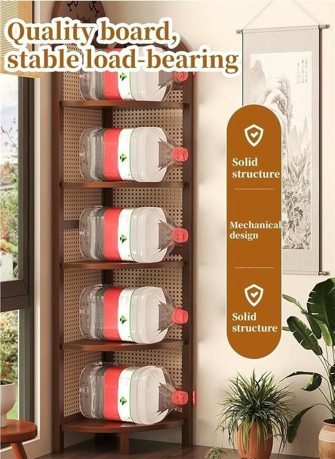 5段ラタンコーナーシェルフ - 自立型竹＆木製本棚、プラントスタンド