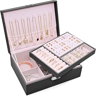 Sciphylia Boîte à Bijoux Femme Verrouillable Organisateur de Bijoux 2 Couches Grande Capacité Boite de Rangement avec Plateau Amovible pour Bagues, Boucles d'oreilles, Colliers, Bracelets, Noir