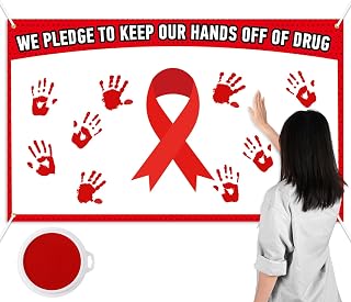 MotiMind Red Ribbon Breast Cancer Awareness Banner Poster with Ink Pad 60 x 36 Inch Red Ribbon Sign Print We Pledge to Keep Our Hand off of Drug Banner Backdrop for Bulletin Publicity Decorations