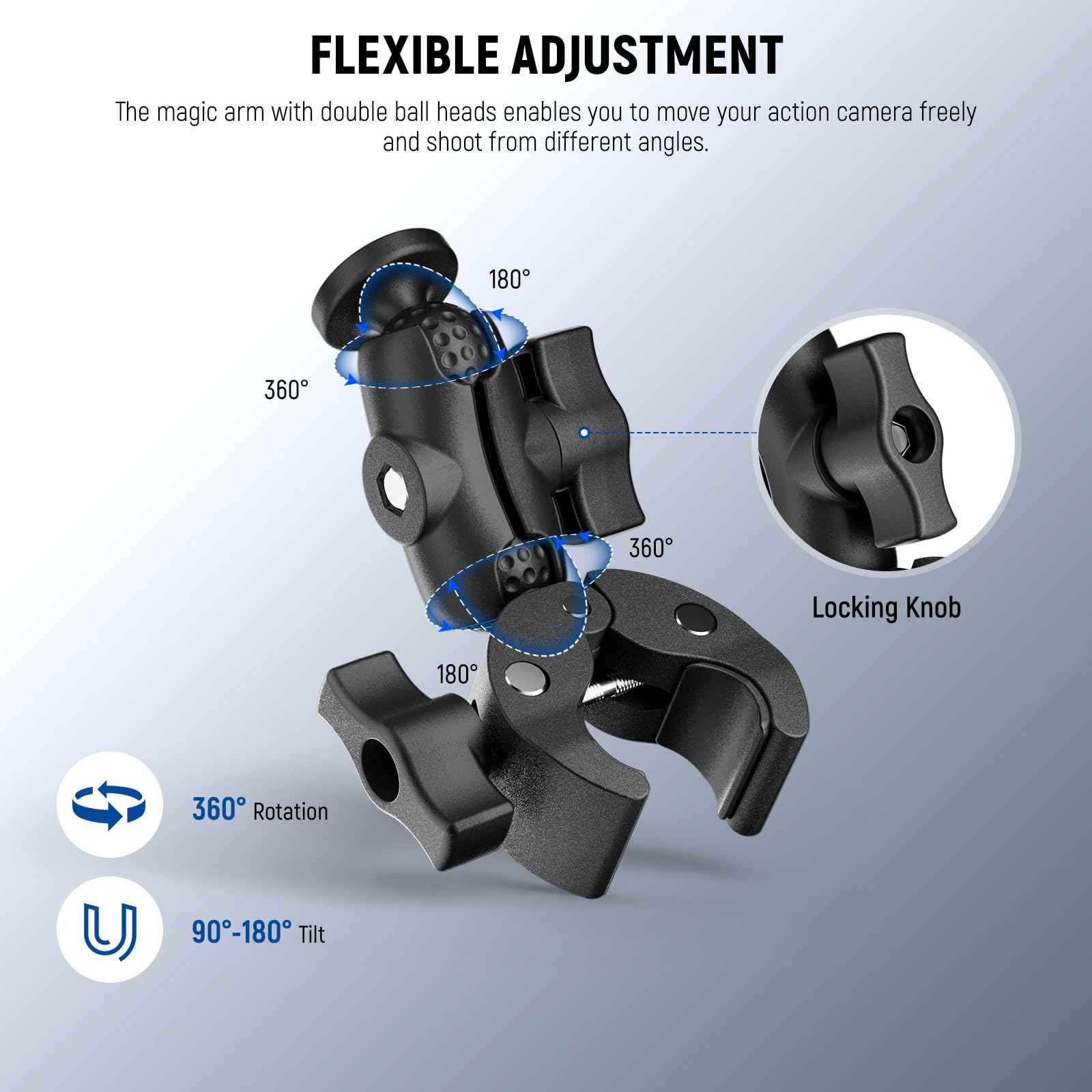 NEEWER Super Clamp Action Camera Mount con 360° Rótulas Dobles, Bici/Bicicleta/Motocicleta Soporte Manillar Compatible con iPhone Insta360 dji OSMO Action GoPro Hero para POV Grabación Vídeo, CA162