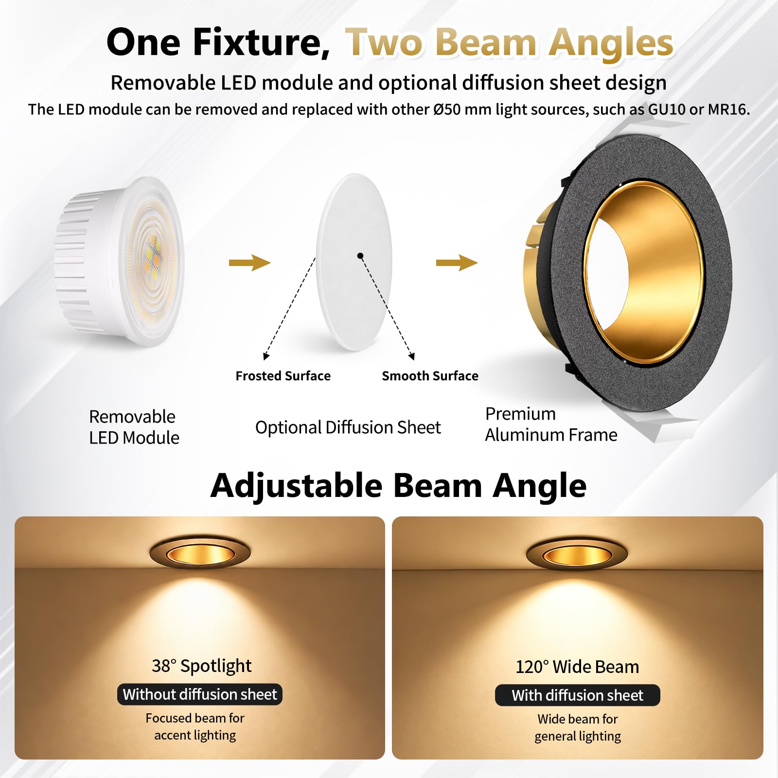 YindaLux 6X Faretti LED da Incasso 230V Dimmerabili, 5W 550LM 3000K/4000K/6500K, Faretti da Soffitto Orientabili IP44, Riflettore Profondo, Modulo LED Rimovibile, 38°/120°, Foro Ø75-80mm, Nero Oro