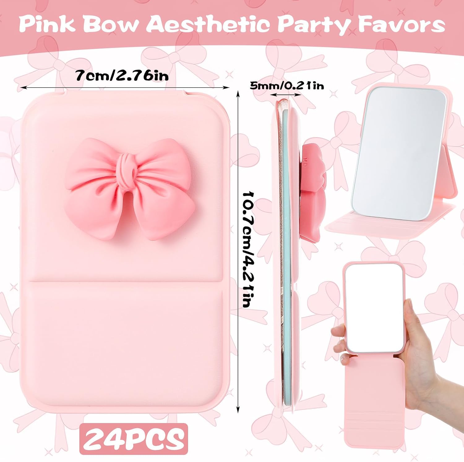 24 Pcs Bow Pink Compact Mirror Bulk for Women Birthday Bridal Shower Graduation, Pocket Small Mini Folding Mirrors for Bag Travel Team Party Favor Gifts