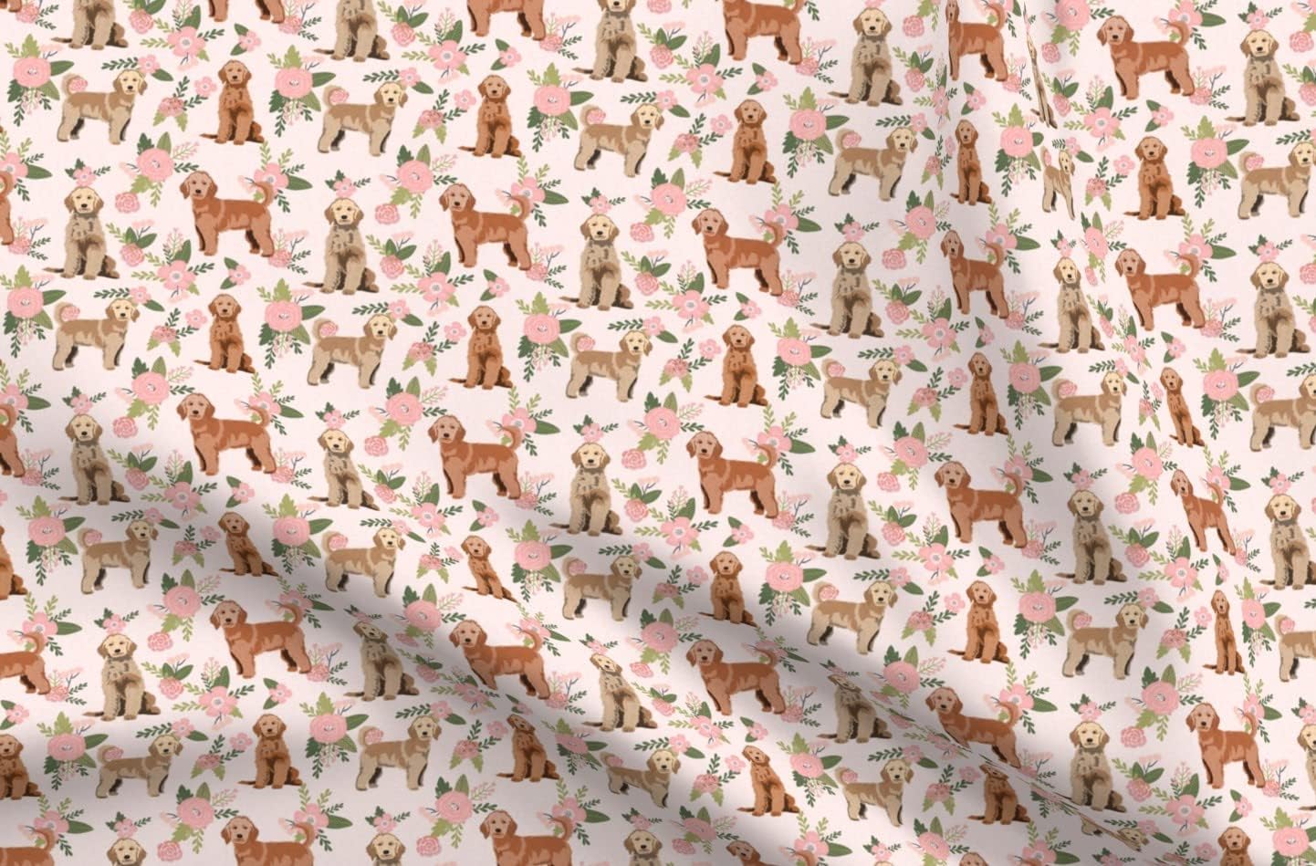 Spoonflower Fabric - Golden Doodle Floral Dog Florals Peach Cheater Quilt Pet Goldendoodle Printed on Organic Cotton Sateen Fabric Fat Quarter - Sewing Quilting Apparel Home Decor