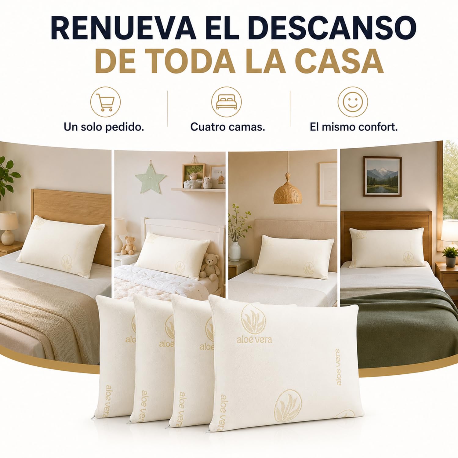 Almohada Viscoelastica Pack 4 Almohadas 60x40 Aloe Vera Desenfundables | Viscoelástica, Pack de 4 Unidades, 60x40 cm, Aloe Vera, Funda, para Dormir