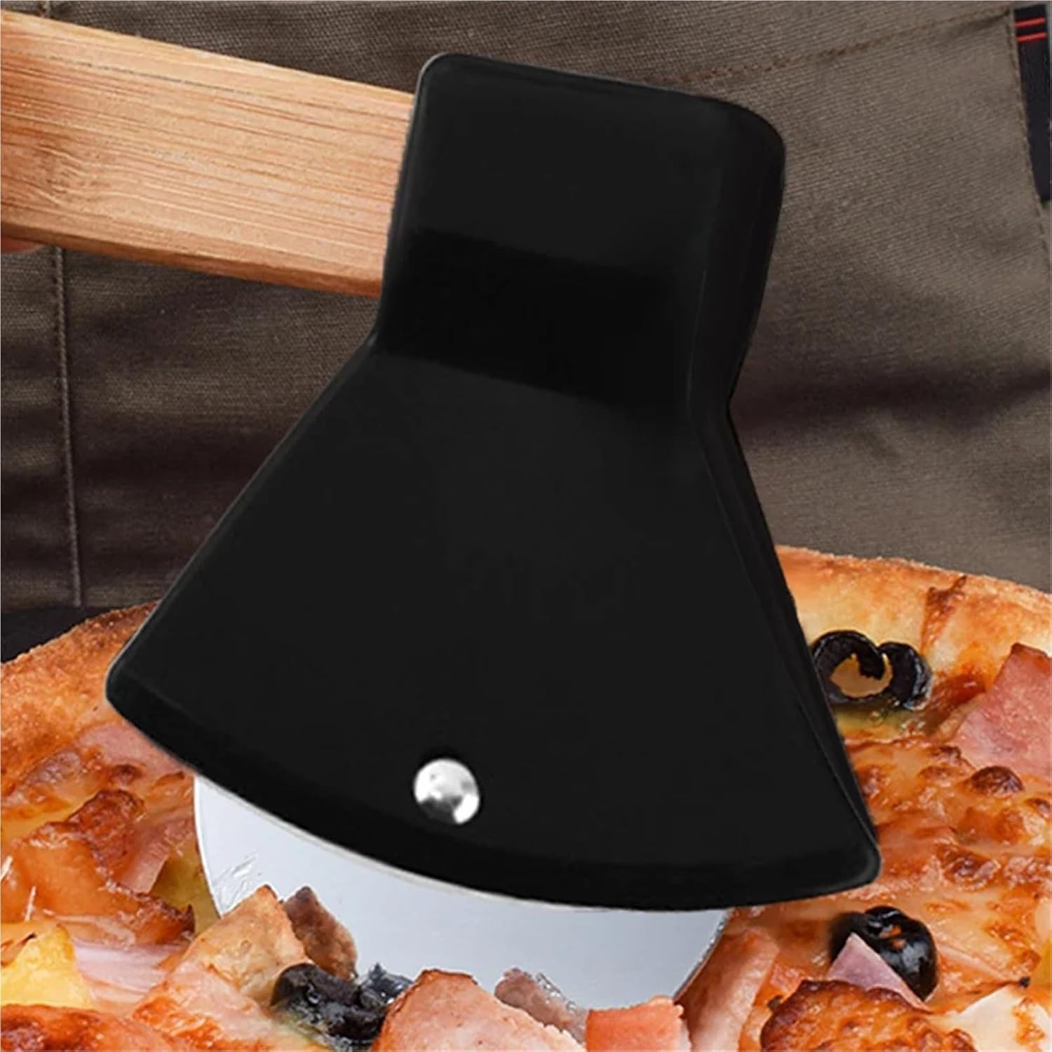 Pizza Cutter Wheel with Bamboo Handle Stainless Steel Axe Shaped Slicer Kitchen Accessories(Black -1)