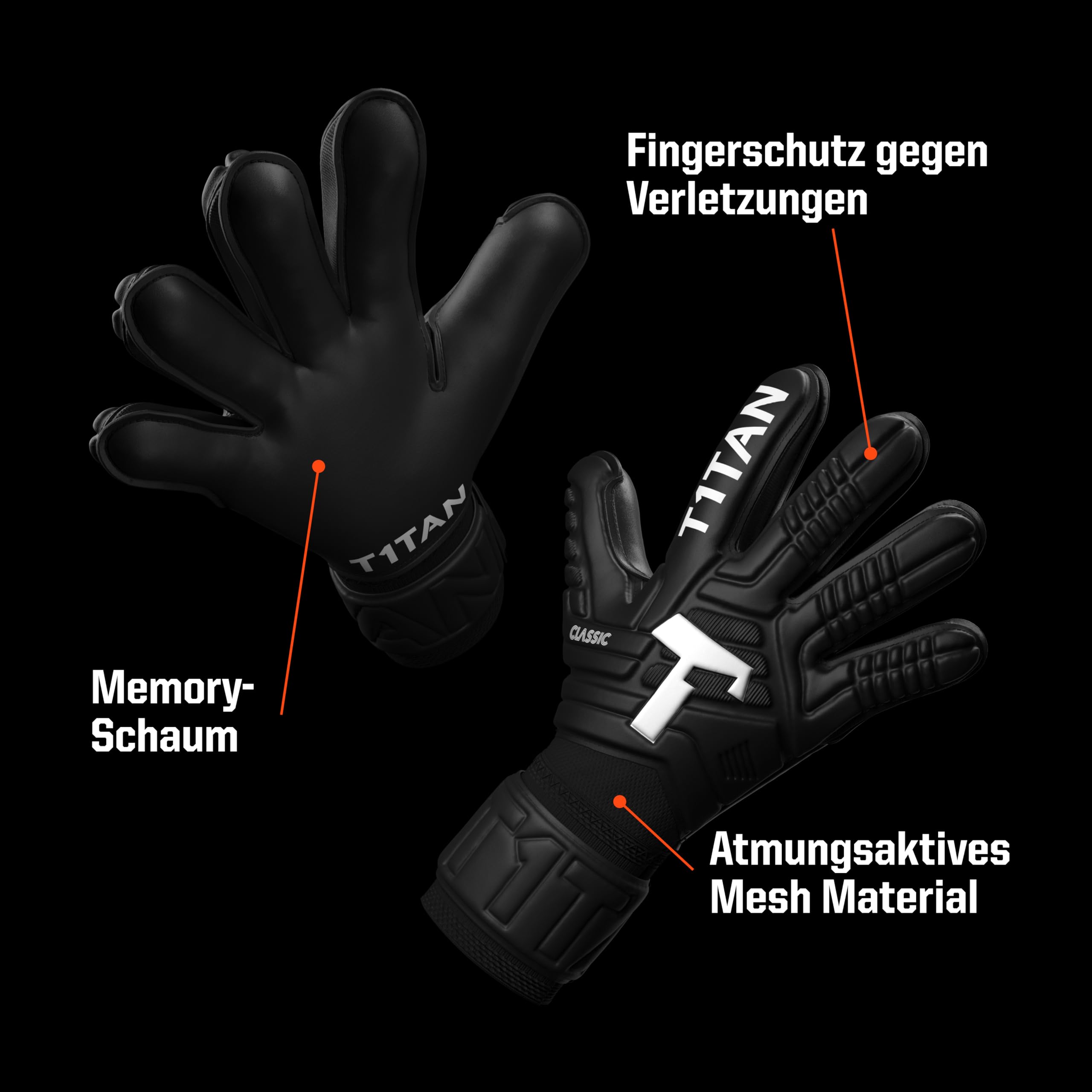 T1TAN Training Torwarthandschuhe Kinder, Herren Classic White Out, Fingerschutz Gr. 4-11, Torhüterhandschuhe Erwachsene, Tormannhandschuhe Jugendliche, Torwarthandschuhe Kinder, 5-15+ Jahre