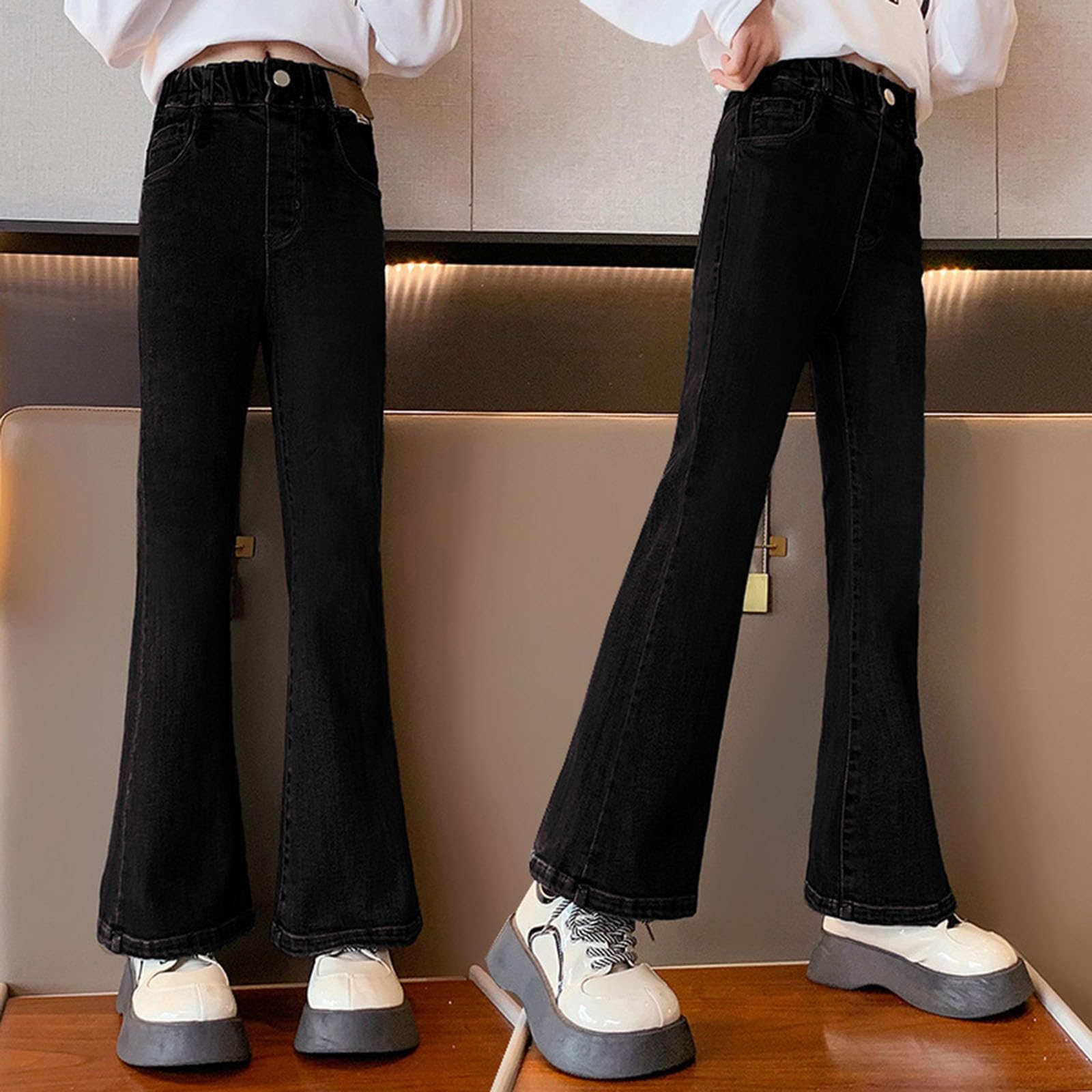 Bell Bottom for Girls Kids Wide Leg Denim Jeans High Elastic Waist Pants Solid Color Casual (Black, 15-16 Years)