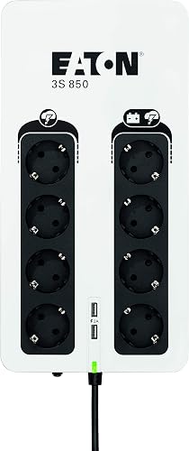 Eaton - Onduleur Parafoudre 3S 850 DIN - Off-line UPS - Alimentation Sans Interruption - Puissance 850VA (8 prises DIN, Silencieux, 2 ports de charge USB Type-A) - Interface USB - Noir&Blanc - 6