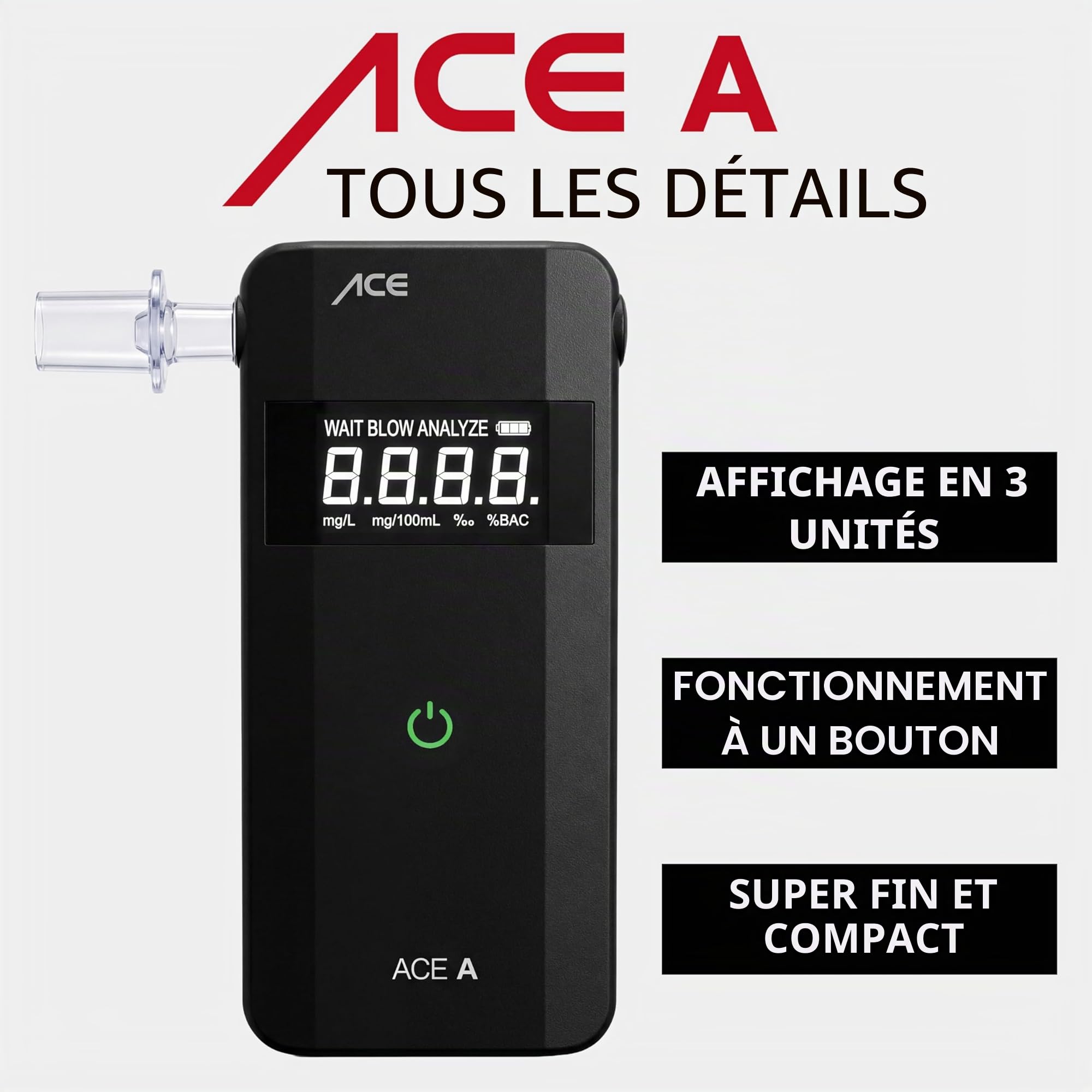 ACE A Alkotester - alcootest/promilotest numérique - alcootest avec capteur électrochimique et commande à 1 bouton