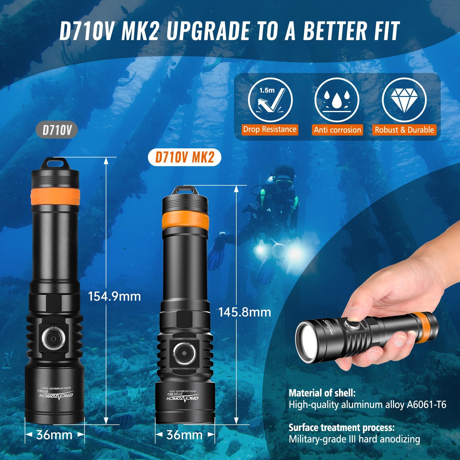 ORCATORCH D710V MK2 Tauchlampe, 2300 Lumen Tauchen Taschenlampe mit Weiß+UV+Rot für Video Fotografie, IP68 wasserdichte LED Tauchen Licht für Unterwasser 150M Nachttauchgänge, Wracktauchen, Camping