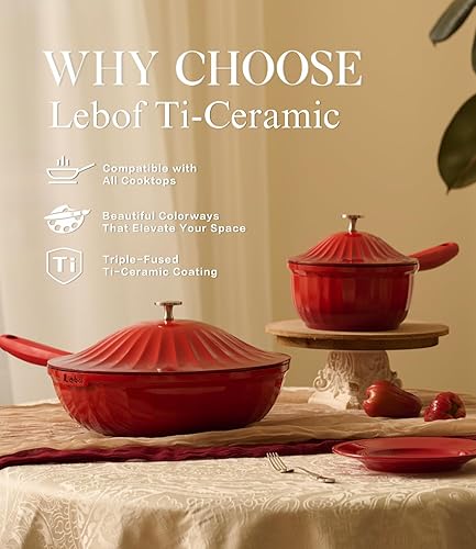 Miniatura 3 de Lebof - Juego de utensilios de cocina de cerámica antiadherente (7 piezas)  Juego de ollas y sartenes de aluminio fundido en titanio con tapas, sin