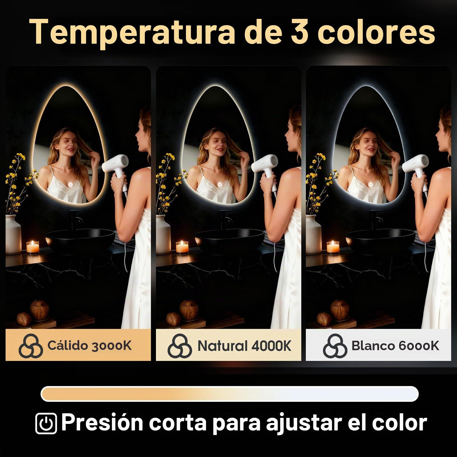 Espejo de Pared para baño, Espejo de baño con iluminación, Espejo con luz LED, Interruptor táctil y 3 Colores Regulables (Gotas de Agua, 60L x 40B cm)