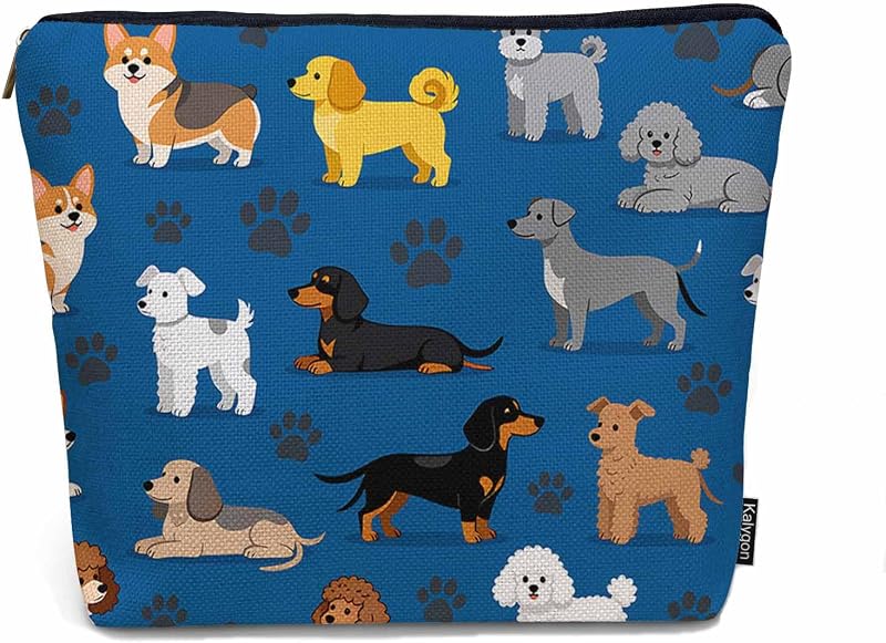 Necessaire de maquiagem Kalygon com estampa de cachorro, azul, 23 x 18 x 0,51 cm