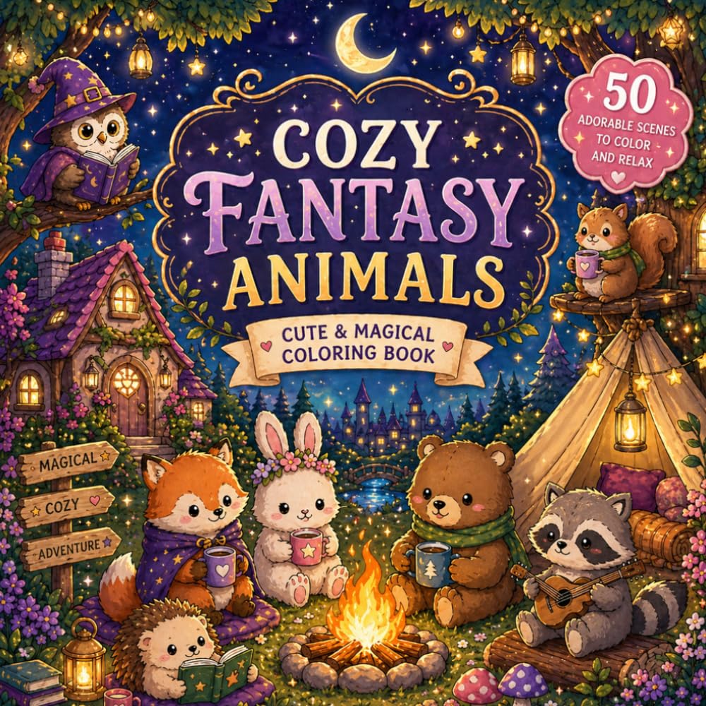 Cozy Fantasy Animals Coloring Book: 50 Adorable Cozy Fantasy Animal Scenes Featuring Bunny Witches, Moon Bakeries, Forest Campsites, Magical Libraries, and Cute Woodland Creatures
