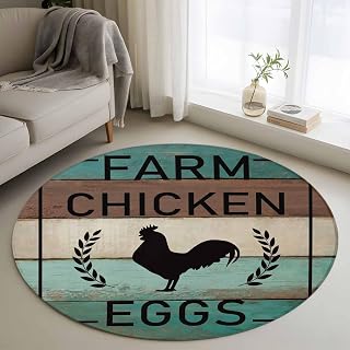 Round Area Rug 3ft, Farm Chicken Silhouette Leaves Non Slip Circle Rugs, Rustic Teal Brown Wooden Plank Non Shedding Washable Floor Carpets for Living Room Bedroom Home Decor