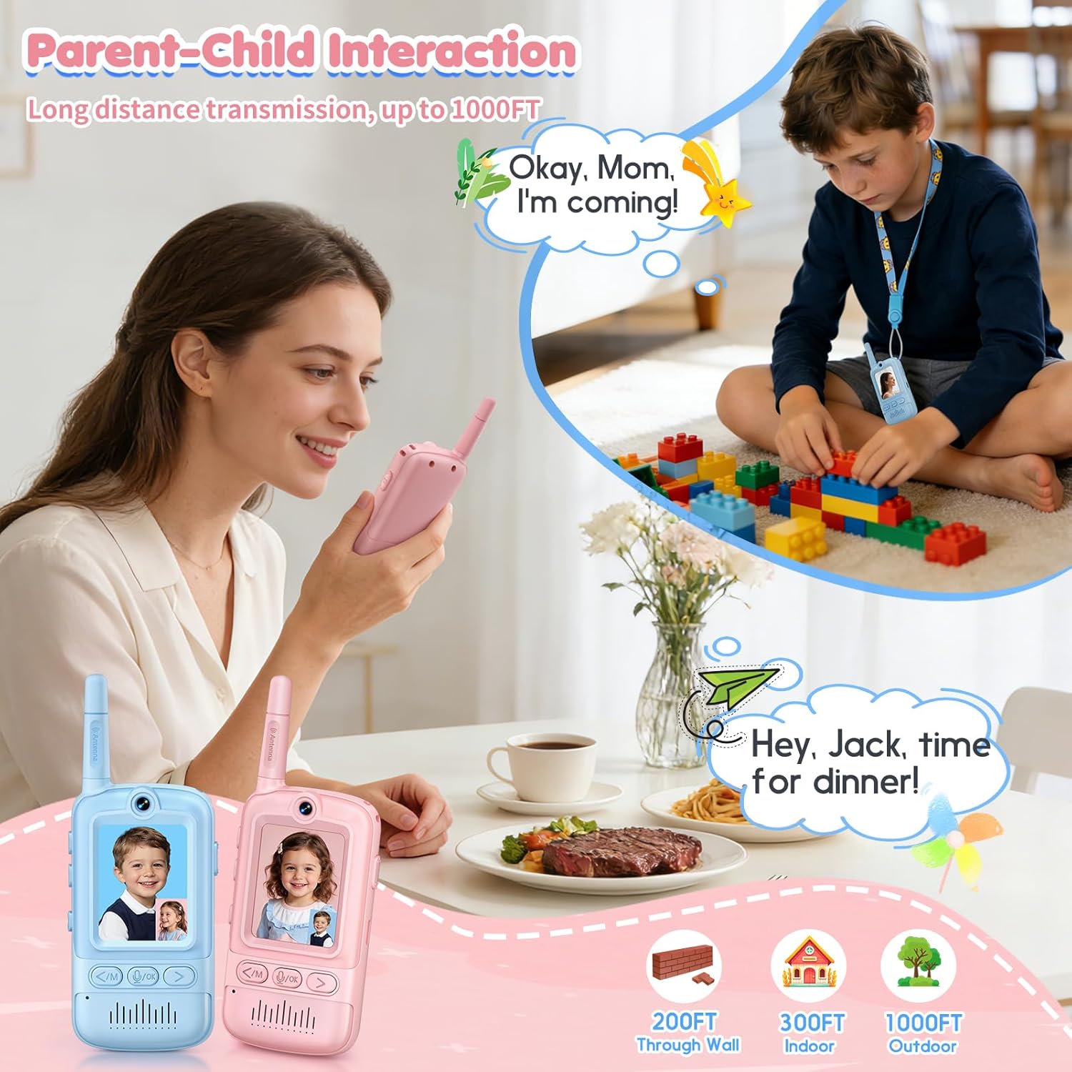 Video Walkie Talkies for Kids, 2 Pack Rechargeable Video Intercom Kids Walkie Talkies, Long Range Two Way Radio with 4 Voice Effects, Kid Indoor Outdoor Toys Birthday Gift for Age 3-12(Blue/Pink)