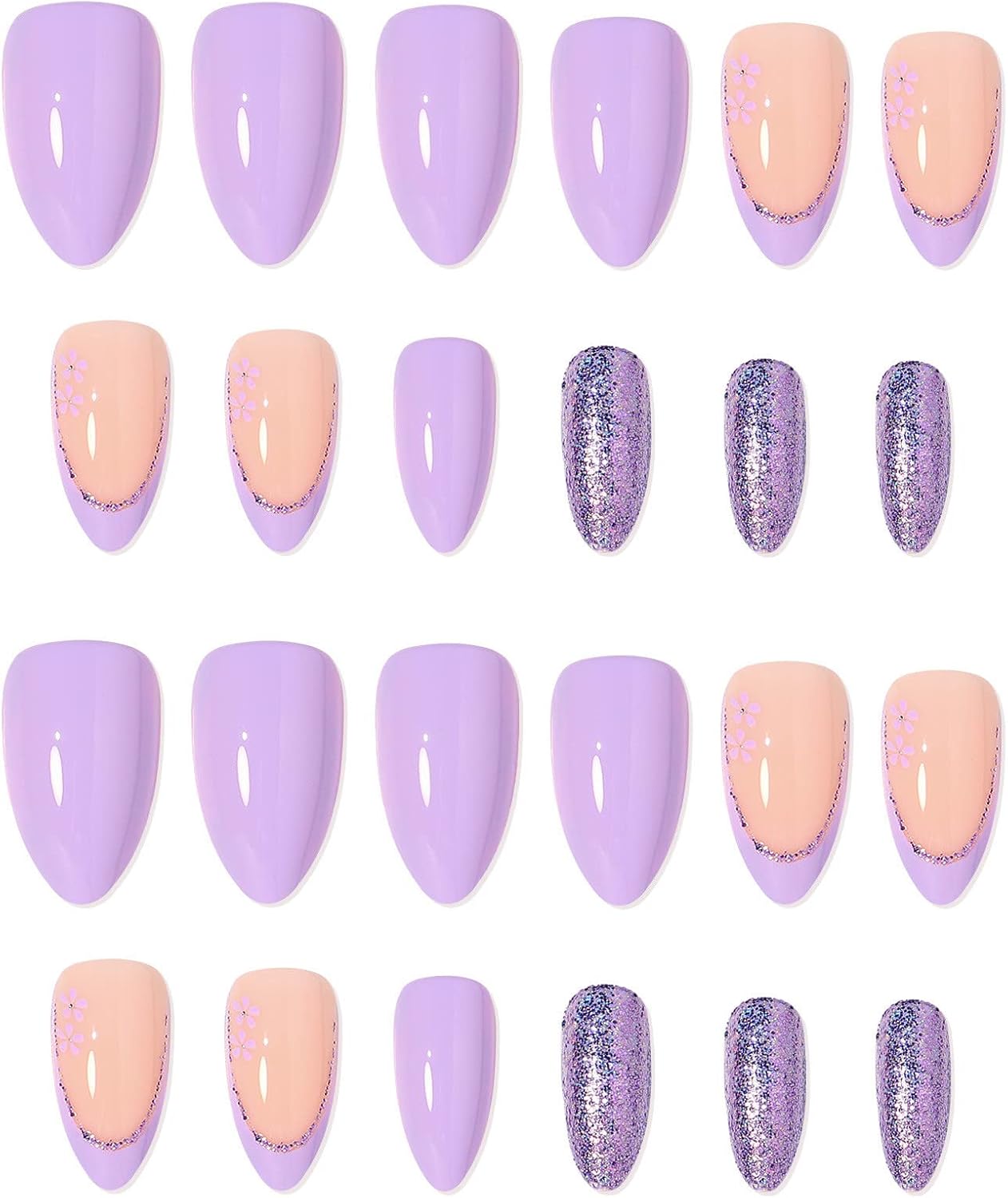 npkgvia Fake Nail Patch Light Purple Simple Glitter French Style Removable Reusable 24 Pieces with Jelly Glue Full Cover Nail Tips Medium Length (Purple, One Size) : Beauty & Personal Care