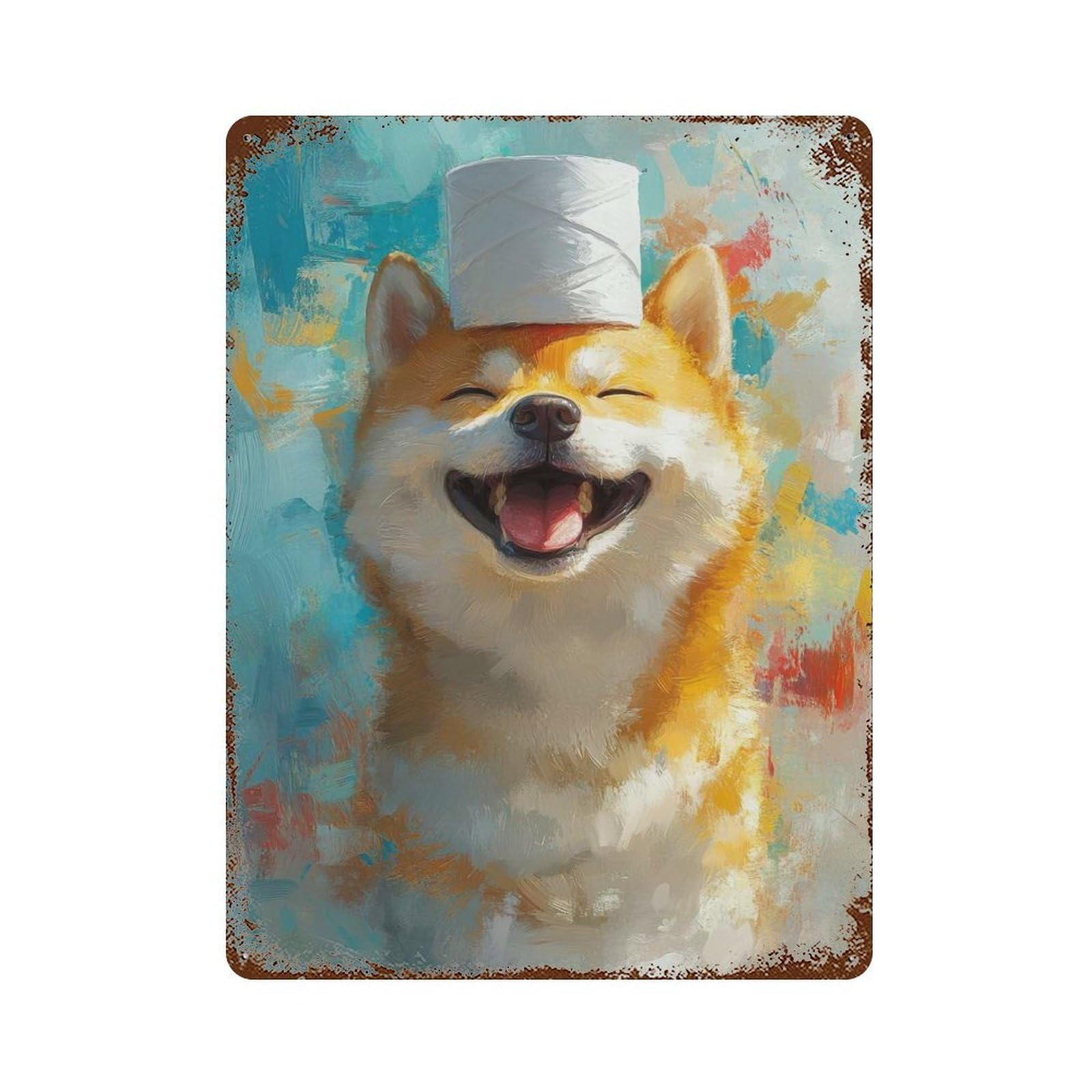 Garage Style Smiling Shiba Inu with Toilet Paper Hat Vintage Rust Metal Sign 15.7"x11.8", Vintage Wall Decor for Bar And Workshop