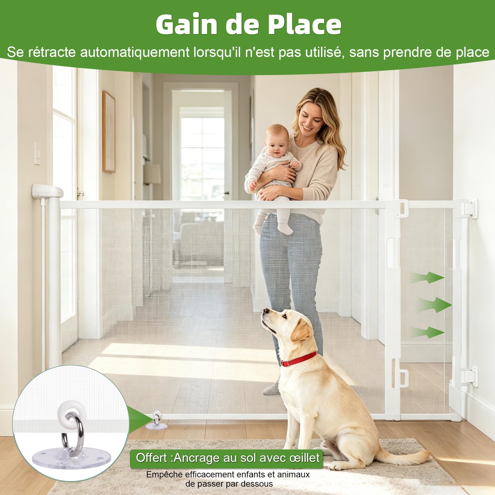 Dioxide Barrière de Sécurité Rétractable pour Bébé, 0-150 cm Barriere Retractable Enfant, Barrière Sécurité Enfant Adaptée aux Escaliers, Couloirs, Intérieur et Extérieur (Blanc)