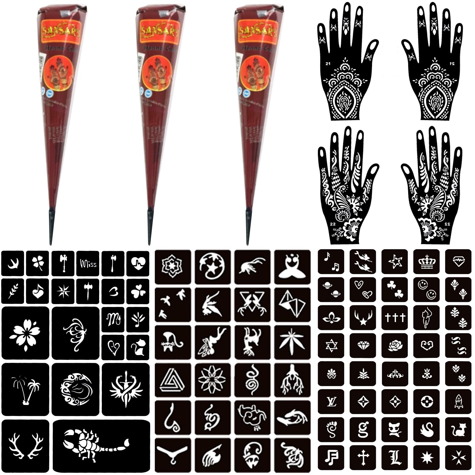 MoricherTemporary Tattoo Kits 3 Henna tattoo cones 101 Stencils Semi Permanent Tattoo Markers Jagua Gel for Women Men Kids DIY Art Painting Party Gifts