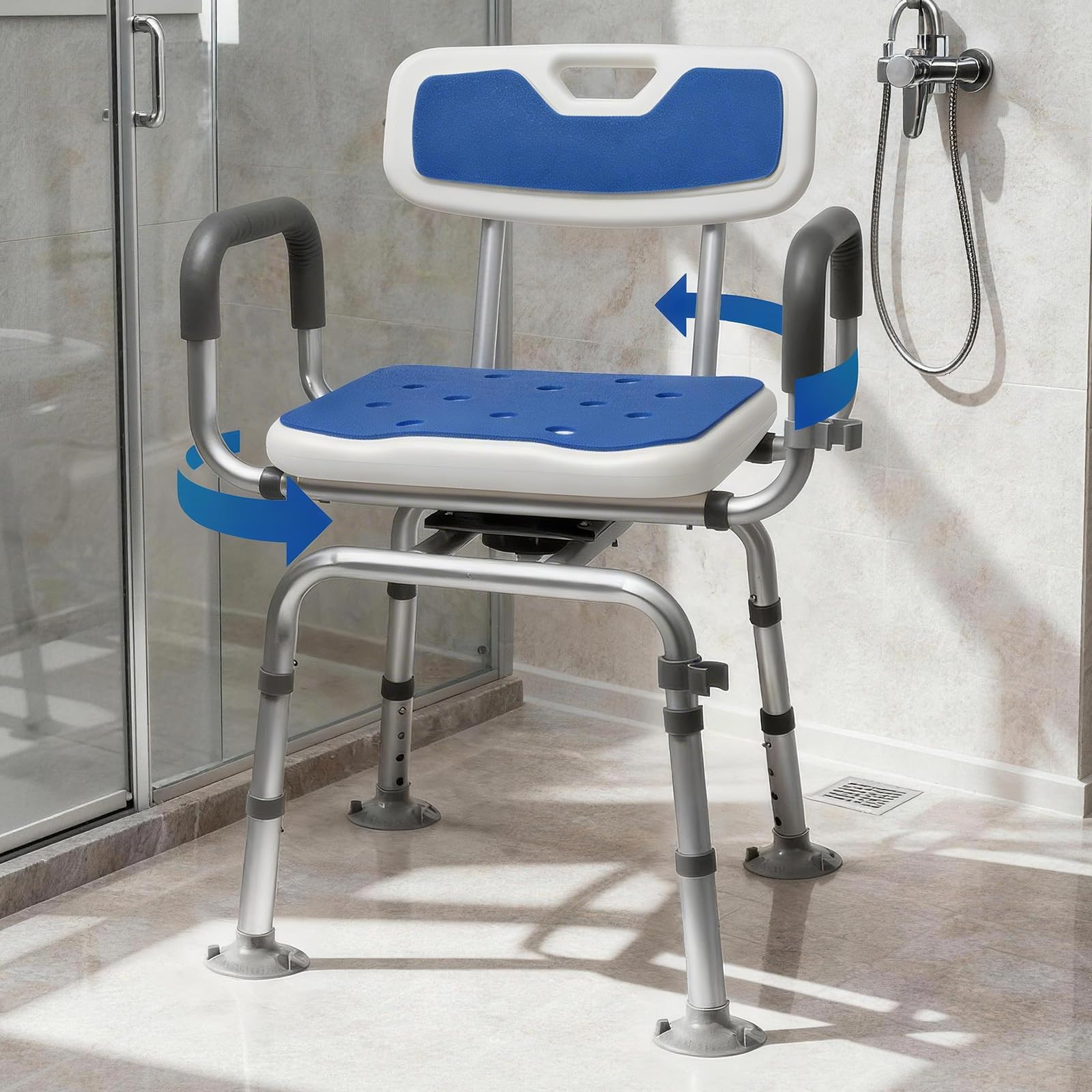 Silla de ducha giratoria con respaldo y brazos, silla de baño giratoria para discapacitados con almohadillas a prueba de frío, soporta 180 kg, montaje sin herramientas, silla de ducha giratoria para