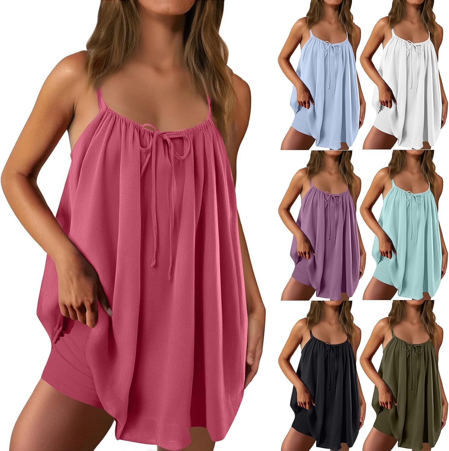 Womens Tennis Romper Dress Sleeveless Mini Athletic Golf Dress with Built in Shorts Cute Tie Front Beach Sun Dresses
