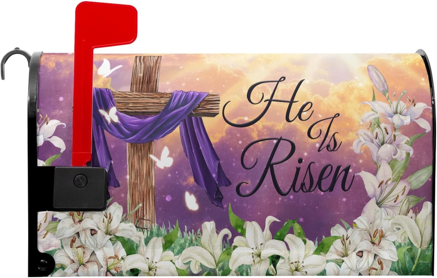 Kawani Happy Easter Purple Mailbox Covers Magnetic Spring Lilies Floral Mailbox Cover Standard Size 18 X 21 Inch Easter He is Risen Wrap Post Letter Box Decorative for Outdoor Home Garden Yard