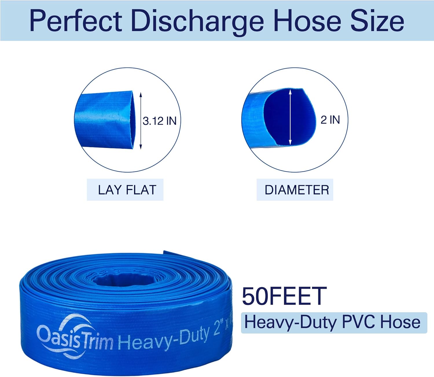 2" x 50FT Pool Backwash Hose, Heavy-Duty Pool Hose, Lay Flat Discharge Hose, Durable Burst Resistant, Pool Filter Pump Water Drainage, Sump Pump Discharge, with 2 Clamps