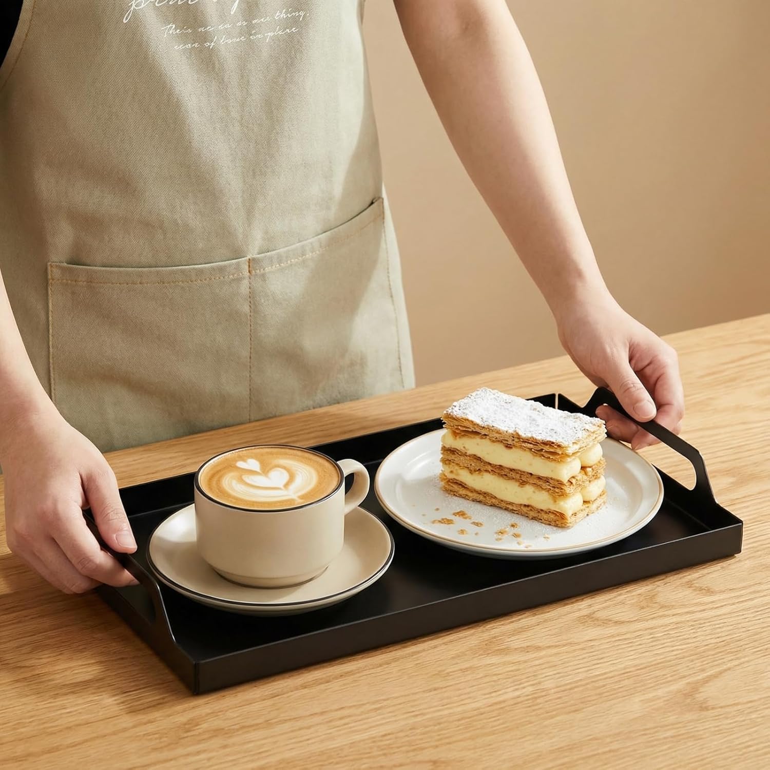 Peohud 2 Pack Black Metal Serving Tray, Decorative Coffee Table Tray with Handles, Vanity Platter Breakfast Tray for Eating, Storing, Bedroom, Kitchen, Living Room, Bathroom