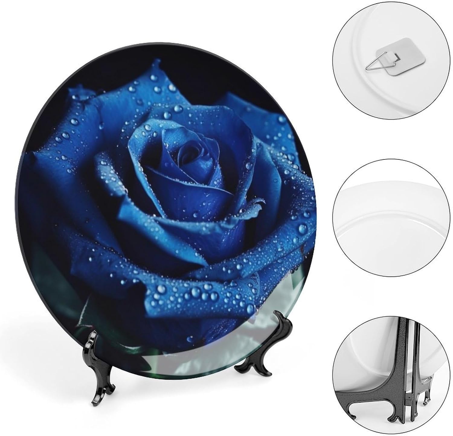Blue Rose Ceramic Decorative Plate for Home, Bone China Plates | Chinese Style Decorative Dish with Stand, Dinner Plates Art Crafts for Wall Decor, Collections Plate with Hook 10inch