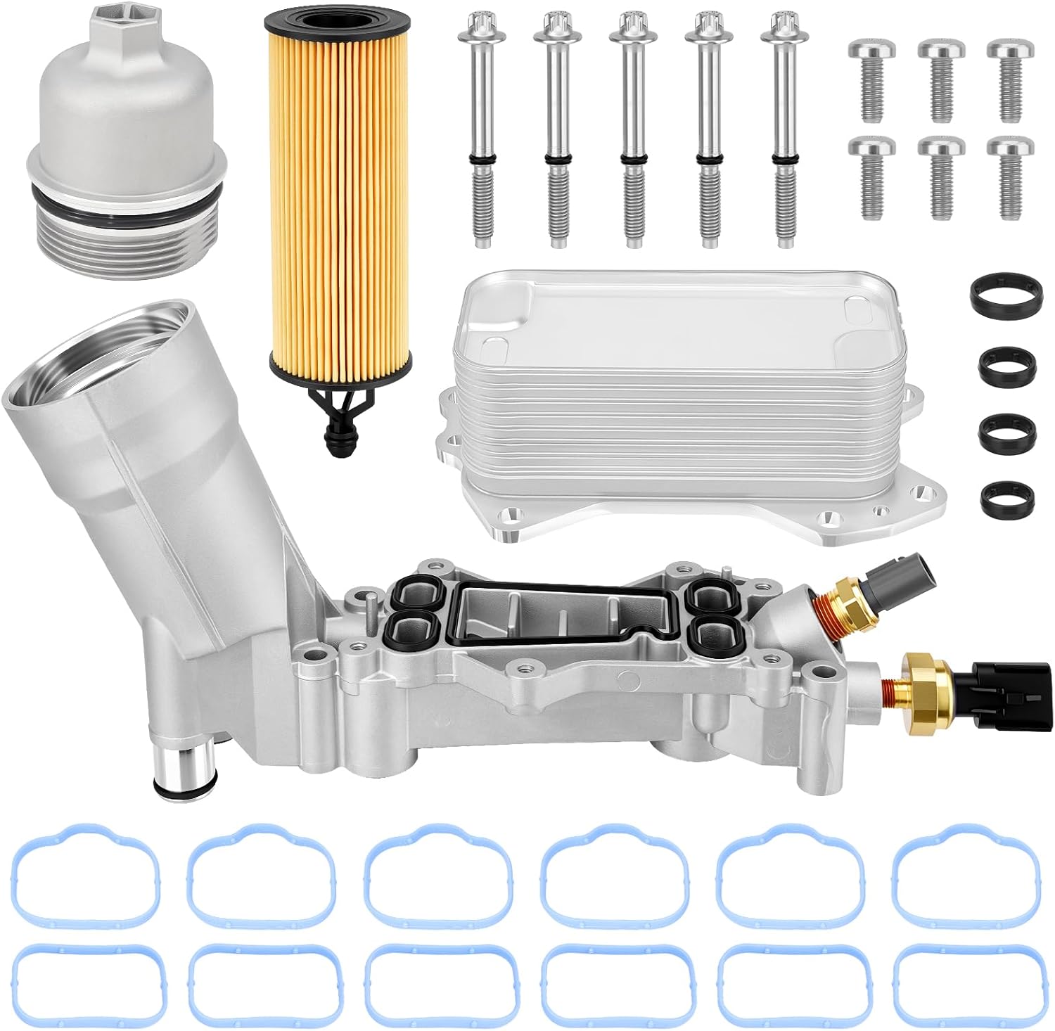 Full Aluminum Engine Oil Cooler Filter Housing Assembly with Sensors & Gaskets Compatible with 2011-2016 Jeep Dodge Chrysler Ram 3.6L V6 Replace for 5184294AE 68105583AC