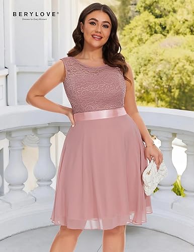 Miniatura 6 de BeryLove Vestidos cortos de graduación para mujeres y adolescentes, sin mangas, sueltos, línea A, vestido formal de encaje para invitadas de boda