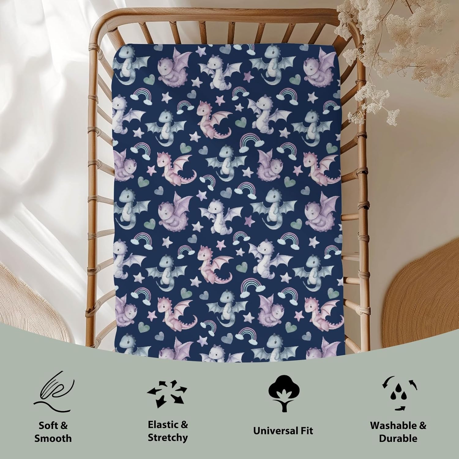Fairytale Dragon Love Stars Rainbow Baby Crib Sheets for Boy Girl 28"x52" Cute Dragons Purple Soft Snug Fitted Crib Mattress Cover Fantasy Animal Baby Sheet for Standard Crib & Toddler Bed Mattress