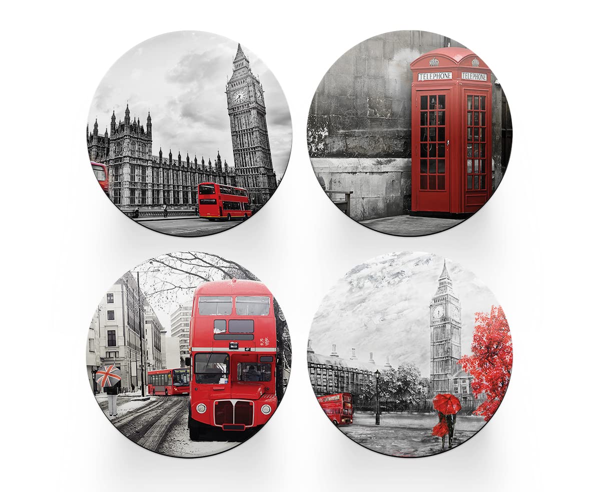 4 x Round London Coasters - Landmarks England GB UK Set Theme Women House Warming Circle Drinks Kitchen Table Decoration Décor Gift #77912