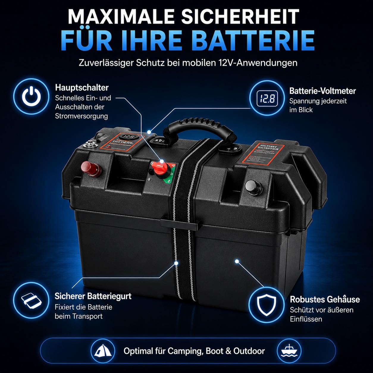 NEMAXX® BB260 Skrzynka akumulatora 12V z woltomierzem, wyłącznikiem głównym, gniazdem 12V, 2x USB, wyłącznikiem 16A, biegunami plus/minus oraz pasem mocującym – do kempingu, łodzi, kampera i offgrid