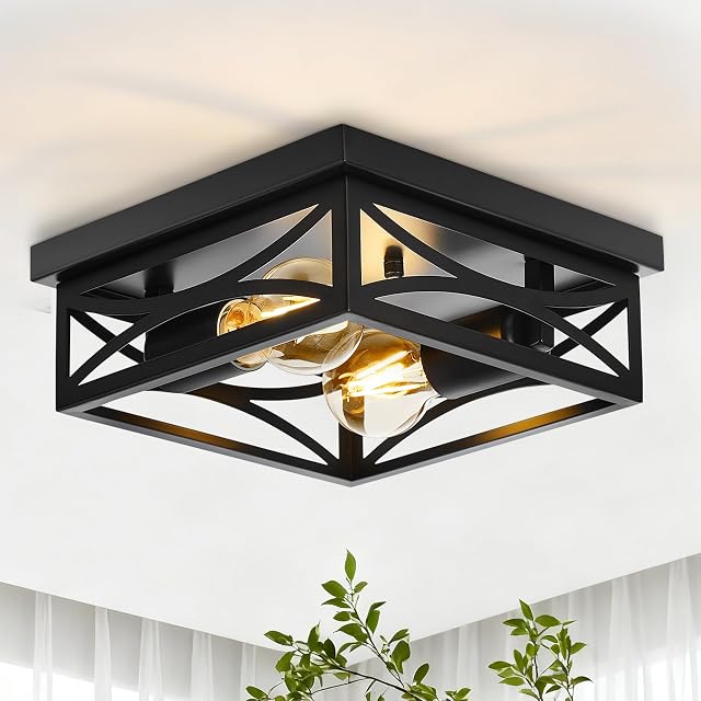 Ceiling Light Farmhouse Flush Mount Ceiling Light 2-Light Light fixtures Ceiling Mount Modern Square Black Light Fixture Kitchen