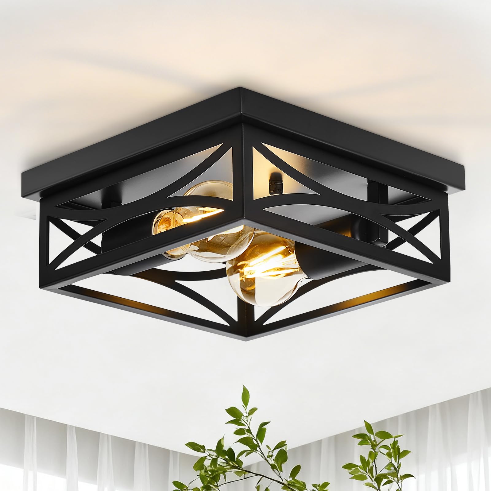 Ceiling Light Farmhouse Flush Mount Ceiling Light 2-Light Light fixtures Ceiling Mount Modern Square Black Light Fixture Kitchen