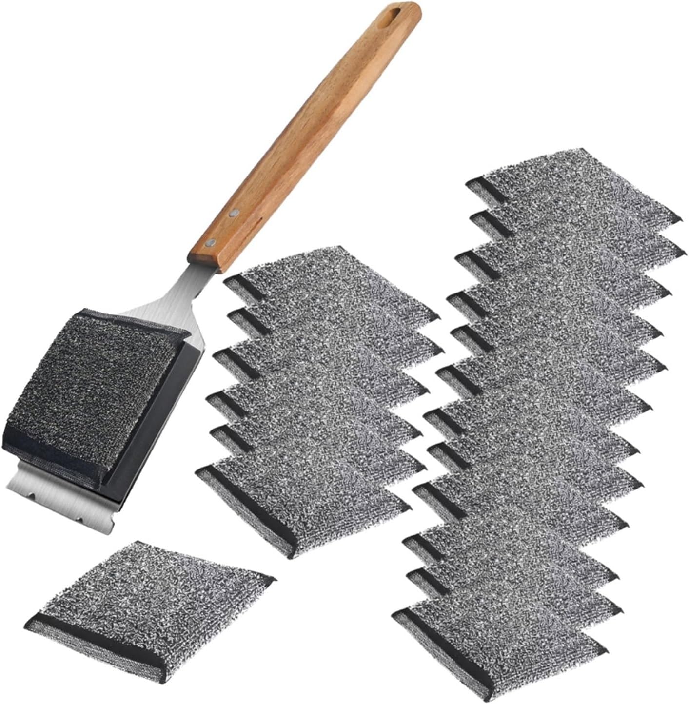 Bristle-Free Grill Brush with Replaceable Pads, Heavy-Duty Stainless Steel Scraper & Wooden Handle, Steam BBQ Cleaning Brush Kit with 20 Refill Pads, Safe for All Grills