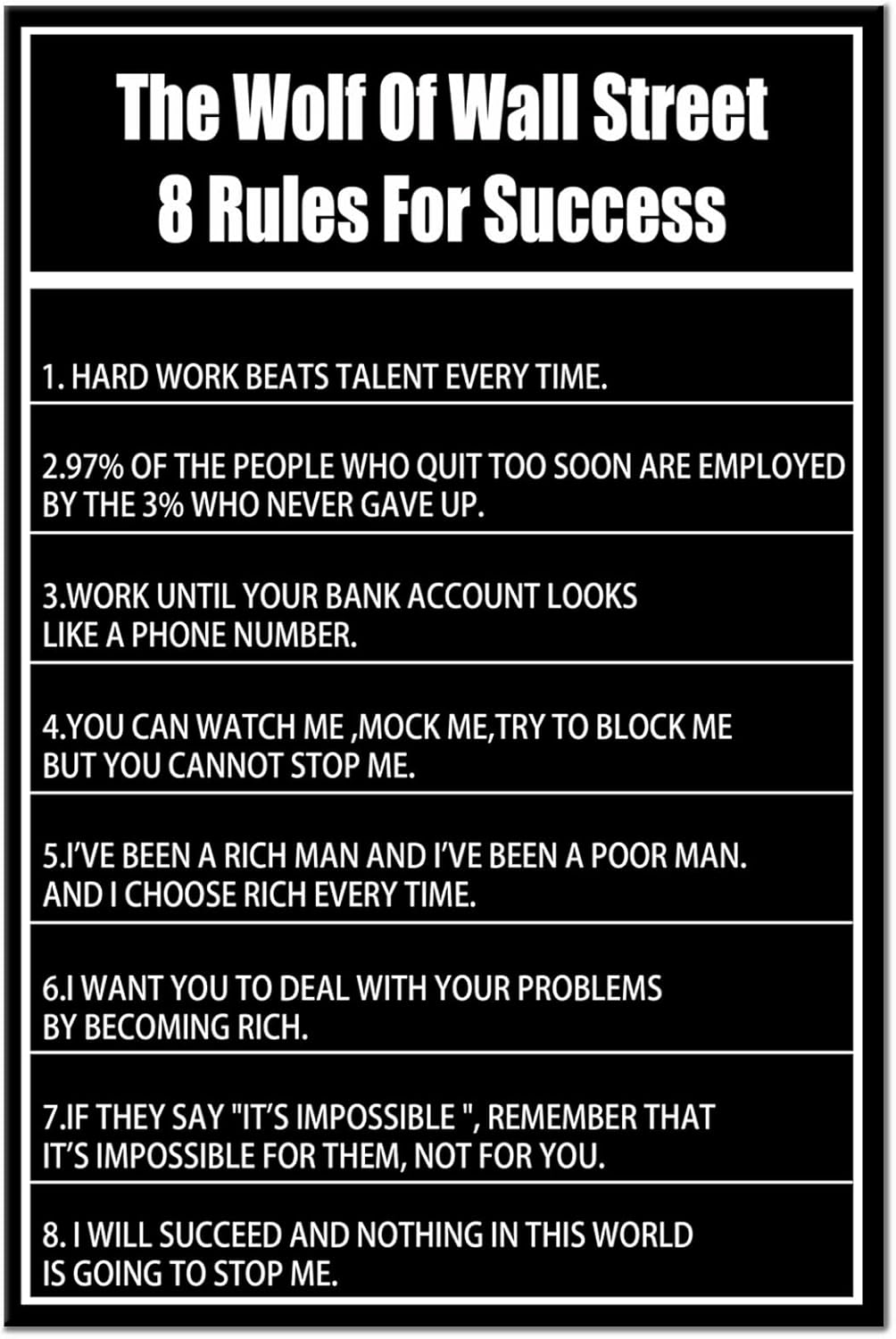 Inspirational Wall Art Entrepreneur Quotes The Wolf Of Wall Street 8 Rules for Success Canvas Posters Motivational Canvas Print Picture Painting for Home Bedroom Office Decoration [12''W X 18''H]