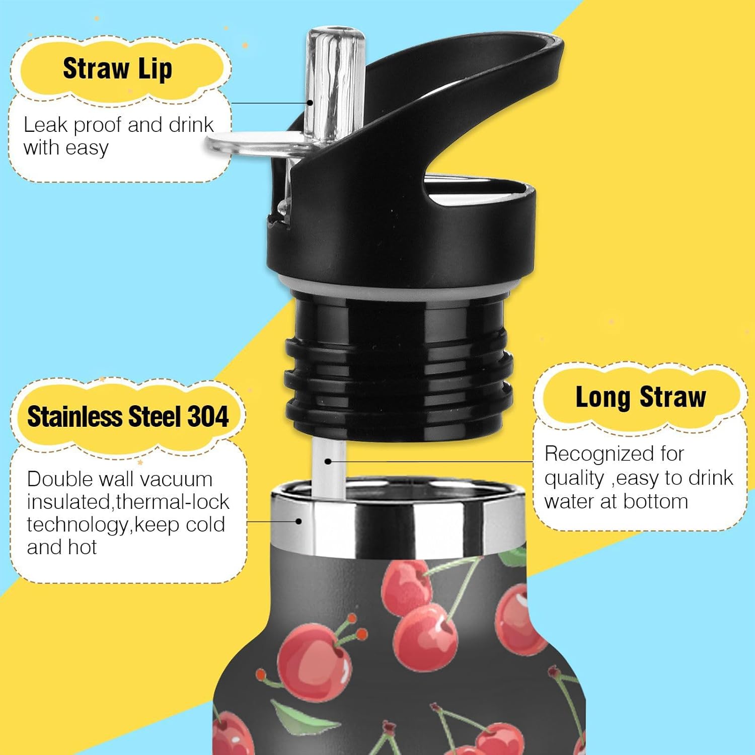 Kids Insulated Stainless Steel Water Bottle with Straw Lid, Red Cherry Black 20 Oz Sports Water Bottle BPA-Free Leak Proof Vacuum Double Wall For Boys Girls