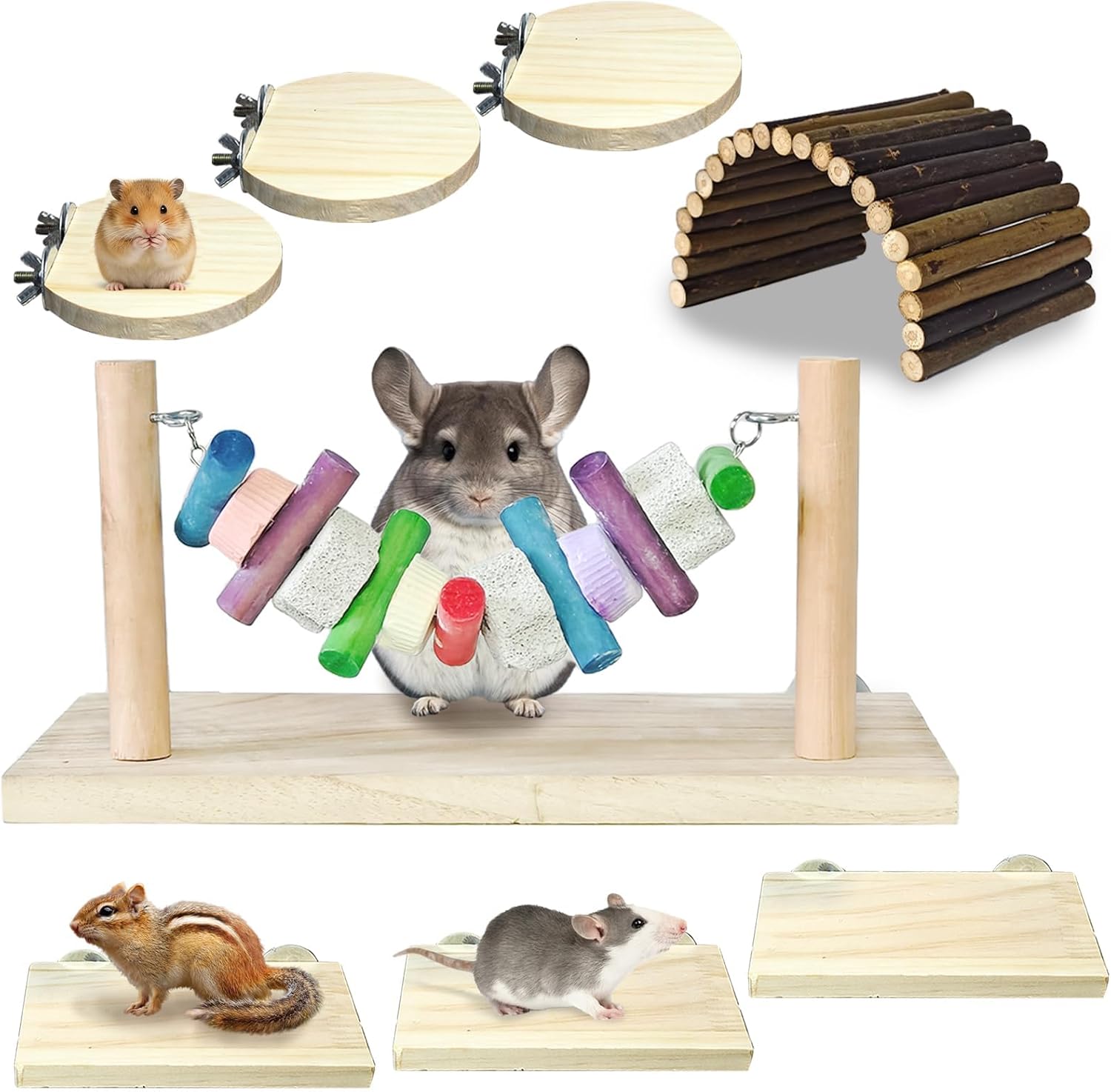 8Pcs Hamster Cage Platform,Wooden Chinchilla Ledges Sets with Lava Stone Chew Toys,Rat Climbing Toys Cage Platform Accessories for Syrian Hamster,Squirrel,Gerbil,Mouse, Sugar Glider(Colorful)