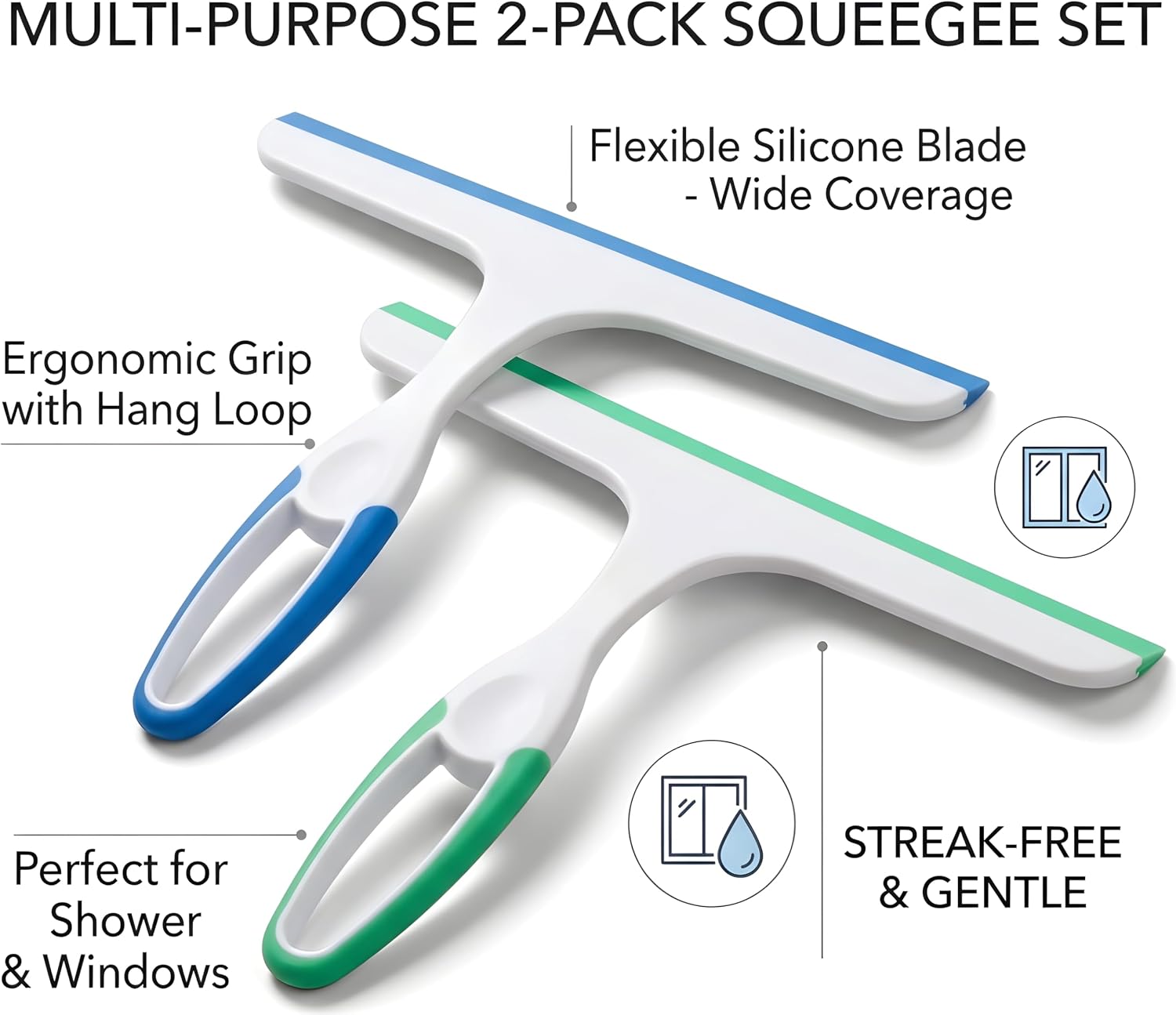 2 Pack Shower Squeegee for Glass Doors – 9.5” Silicone Blade Window Cleaner Tool (Blue & Green) – Bathroom, Car Windshield, Mirror & Tile Cleaning Wiper with Hook – Lightweight Ergonomic Handle