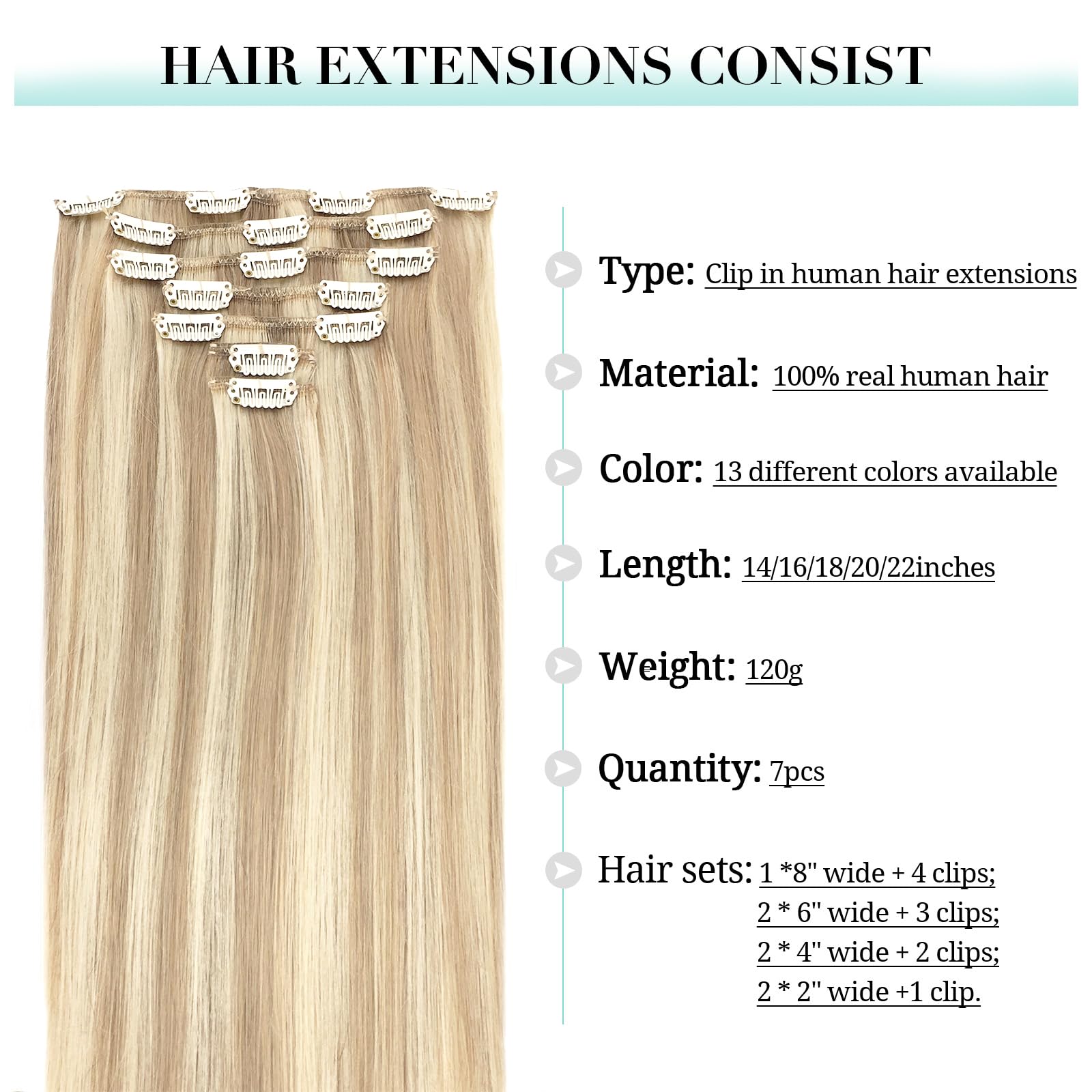 DOORES Extension Capelli Veri Clip, Biondo Sporco Illuminato Biondo Candido 35cm 14 Pollici 7 Pezzi 120g Naturali Capelli Extension con Clip Remy Extension Clip Capelli Veri Capelli Umani Extension