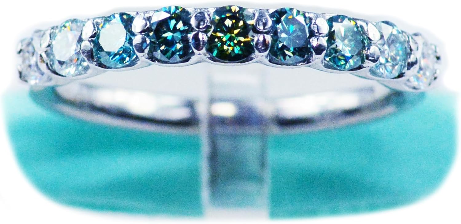 Ombre Ring 3MM White Blue Green Genuine Moissanite Wedding Band, Stacking Ring, 925 Sterling Silver, Platinum Plated